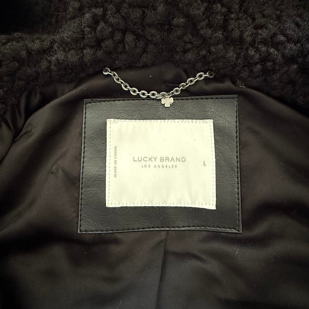 Lucky Brand Black Teddy Sherpa Hooded Jacket Women’s L Oversized Full Zip Cozy - Picture 14 of 16